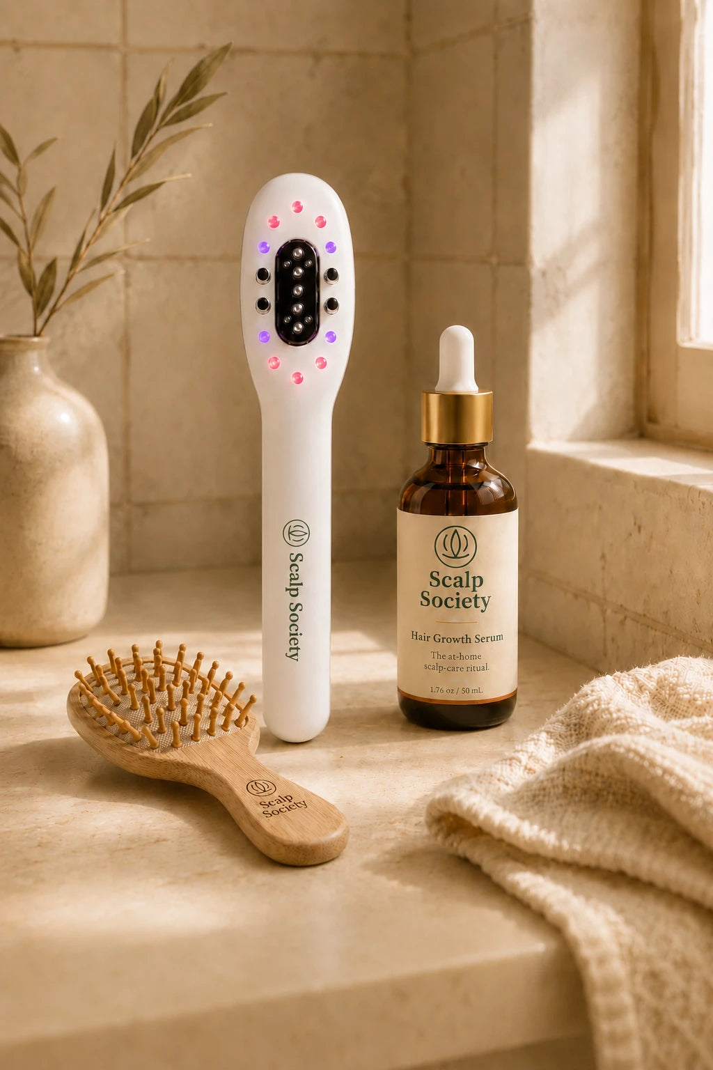 Scalp Society wand, serum, and bamboo brush
