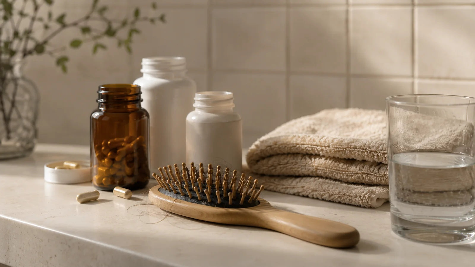 Bathroom counter with hair-care objects